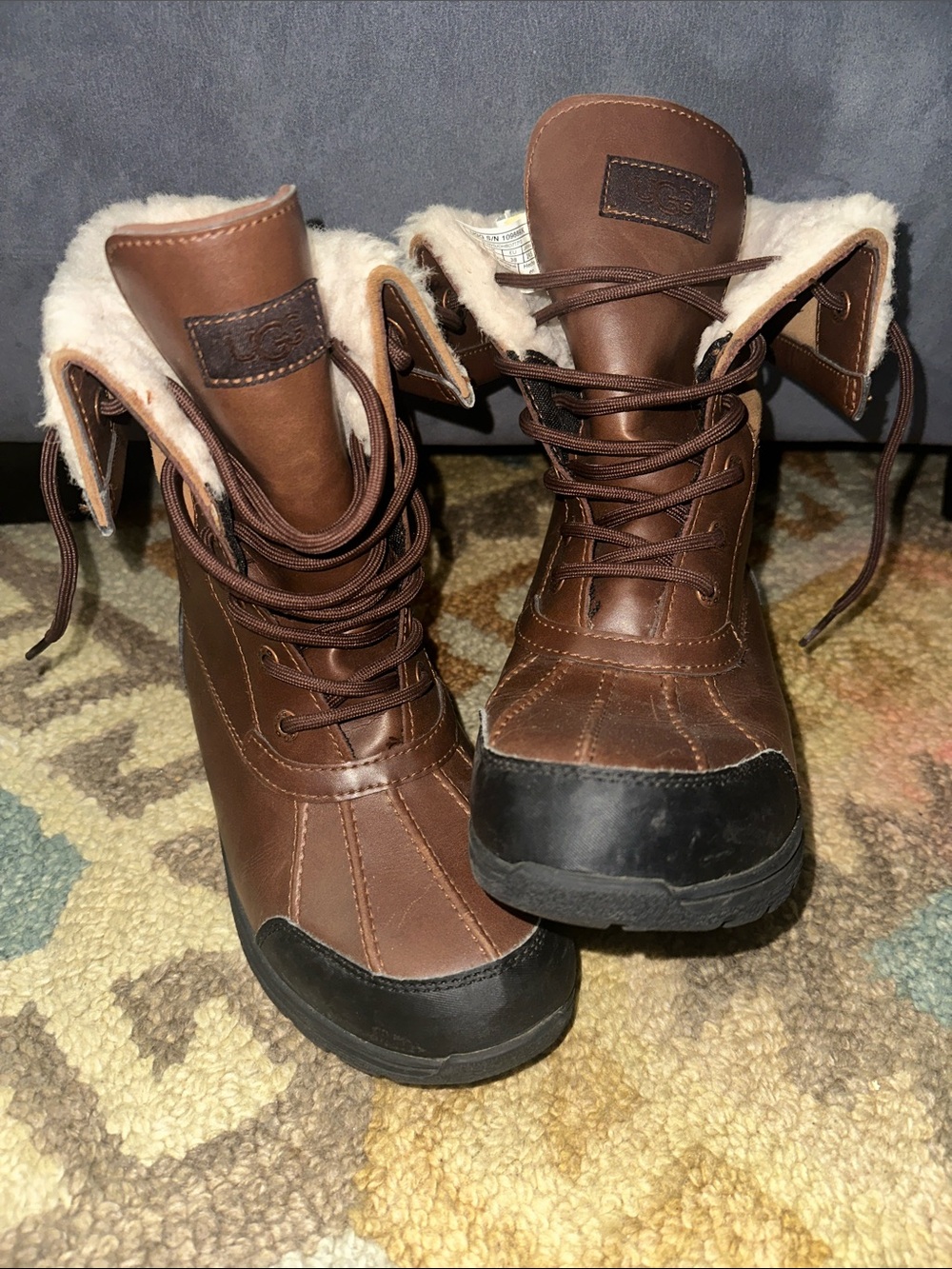 UGG Butte II Kids Brown Leather Lace-Up Shearling Winter Boots